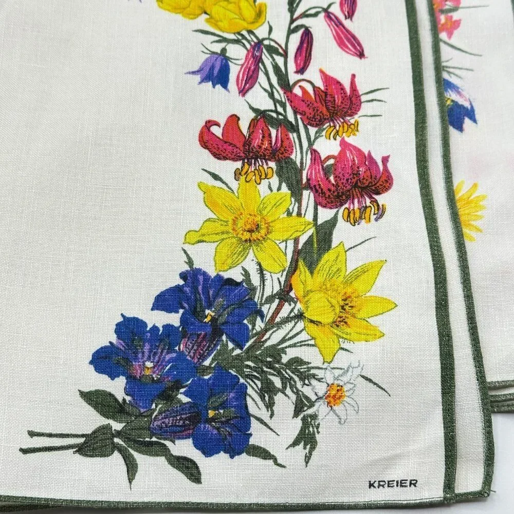Kreier Swedish Vintage Linen Floral and Green Trim Napkins Placemats Set of 4